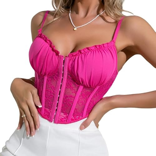 Rongseng damtopp spets linne dam sommar sexig smal passform korsett spaghettiband ärmlös front öppen urbenad crop topp elegant undertröja mode klubbkläder, Rosa röd, S