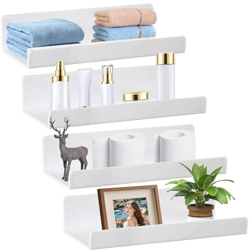 GOMETY 4er Set Wandregal Ohne Bohren Schweberegal, 30cm Selbstklebend Regal ohne Bohren aus Acryl Badezimmer Regal, Home Decoration Wall Shelf für Bücher Fotos Küche Bad Büro Wohnzimmer