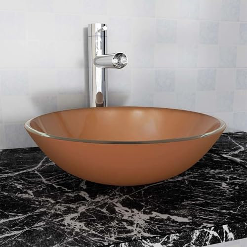 Homgoday Lavabo Verre Trempé 42 cm Marron, Vasque à Poser, Lavabo de Salle de Bain Évier de Comptoir pour Toilettes, Vestiaires, WC d'invités