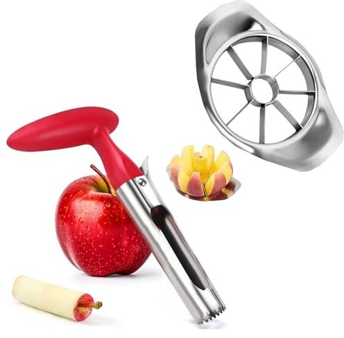 Apple Corer and Slicer 2Pcs Set, Stainless Steel Apple Slicer Cutter & Corer with Handle for Home Kitchen Sharp Fruit Cutter Remover with 8 Blades