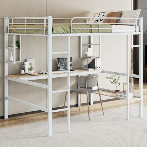 PUGSDRLY Lit Mezzanine 2 Place,Lit Mezzanine 140x200 avec Bureau et Étagère