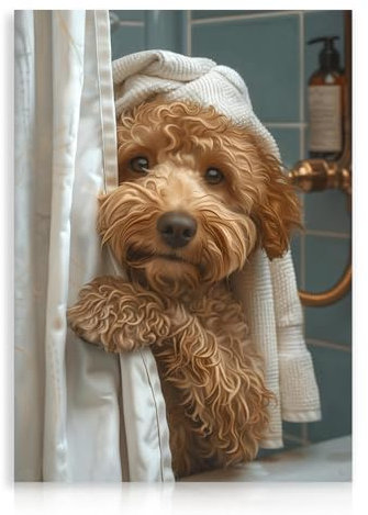 Dazzlewall Funny Animal Bathroom Canvas Wall Art Cute Dog Shower Curtain Poster Artwork for Toilet Bathroom 12x16 in Unframed