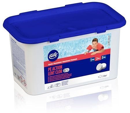 GRE 76022NB - Tabletas de Cloro Lento,Tratamiento Eficaz para la desinfección Continua y Mantenimiento del Agua de la Piscina.Previene el Agua Turbia y Verde. Tabletas de 250gr,1 kg