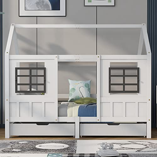 HESHU Kinderbett Hausbett 90x200 cm, Bettgestell mit 2 Fenstern und 2 Schubladen, Massivholzbett mit Rausfallschutz und Lattenrost, ohne Matratze, Weiß