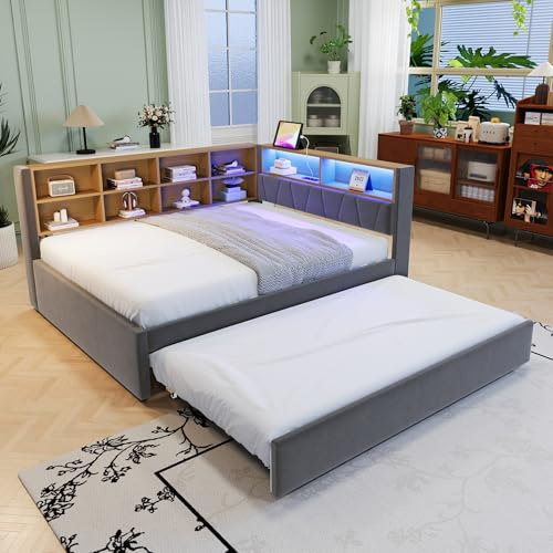 RIAZOS Polsterbett Daybett 140x200, Schlafsofa mit 90x190 Ausziehbett, Einzelbett mit LED Leuchten, Steckdosen und Ablagefächern, Multifunktionsschlafsofa, Bettgestell, Flanell, Dunkelgrau