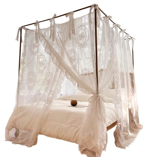 Xoeryoy Cuna de la Cama, 4 Cortinas de Cama con Dosel en la Esquina, Red de Mosquitos de Encaje romántico para Camas de 1.5m/4.92 pies, Blanco (Marco no Incluido)