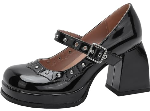 XIEPP Mary Jane-pumps med rund tå och knubbig klack för kvinnor retro, svart, 37 EU