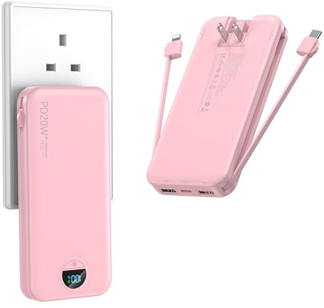 Ffnpua Caricabatterie portatile con spina a muro, 12000 mAh USB C Power Bank ricarica rapida, batteria esterna con cavi integrati, display digitale, 5 uscite 4 ingressi per iPhone, Android, telefoni