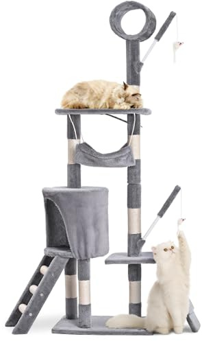 vounot® Arbre à Chat Hauteur 155cm Multi Niveaux Arbre à Grimper avec Griffoirs Tunnel Hamac Niche Escalade et Escalier Centre d’Activités pour Chats Gris