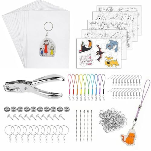 198 Stück Schrumpffolie Set Schlüsselanhänger, Schrumpfpapier DIY Kit mit Shrinking Paper, Locher, Schlüsselanhänger, Ohrhaken, Broschen, Buntstifte, Shrink Plastic Set für Kinder DIY Handwerk