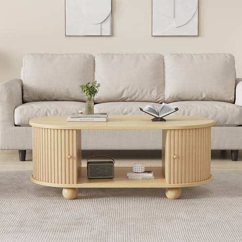 Kelodan Tavolo da Salotto Ovale Colore Legno con Spazio di Archiviazione e Porte Scorrevoli Mobili Multifunzionali Compatti