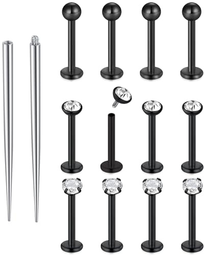 Funseedrr 12 Stücke Lippenstecker & Labretstangen mit Piercing-Taper, Edelstahl & Zirkon 16G 6/8/10 mm Silber/Gold/Schwarz für Helix Tragus Labret Ohr Stecker Lippe Nase Piercing-Schmuck