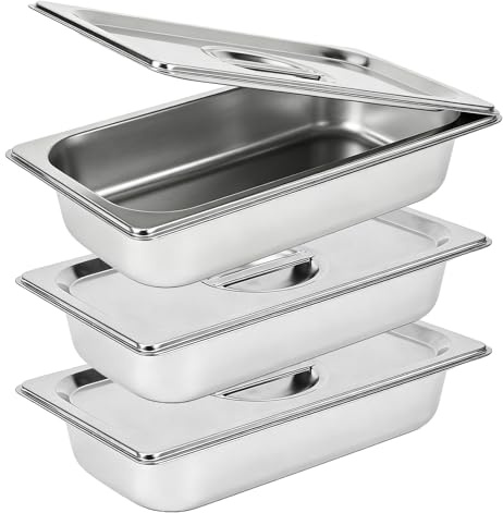 Vexnaro Juego de 3 Cuencos para Empanar, de Acero Inoxidable con Tapa, Recipiente GN 1/3, 32,5 x 17,5 x 6,5 cm, para Comida Caliente y Fría, Sartén de Hotel