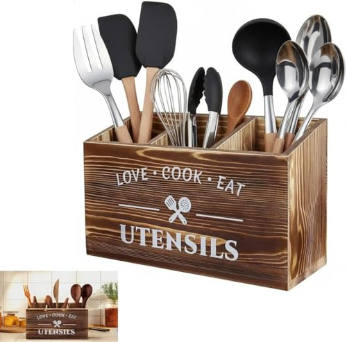 Yitobici Küchenutensilienhalter,Kochlöffelhalter,Utensil Organizer,Rustikaler Utensilienhalter aus Echtholz mit Drainageboden,3 Fächer Besteckhalter & Küchen-Organizer für die Arbeitsplatte(Braun)