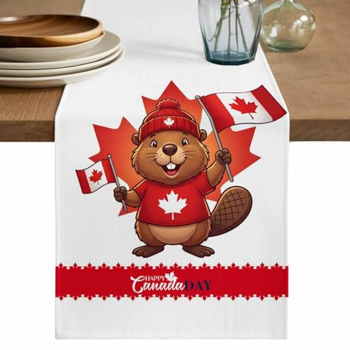 Canada Beavers Table Runner 60 Inches, Modern Chic Maple Leaf Red Brown Bed Runner Dresser Scarves Tabletop for Indoor Outdoor Parties/Ceremony/Banquet, 13 x 60