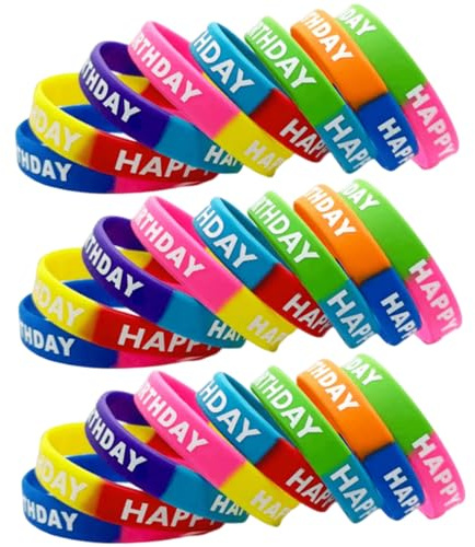 Comebachome Pulseras de cumpleaños para adultos y niños, 24 piezas, pulseras de goma elásticas coloridas para aula, fiesta, carnaval, goma, cumpleaños para aula