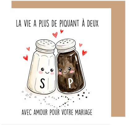 Edition Seidel Premium Carte de mariage carrée avec enveloppe. Carte de vœux pour mariés lui et elle couple amour piquant sel et poivre (HQ250 SW026)