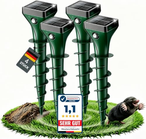 Elezenioc Maulwurf Vertreiber 4er, Solar Maulwurfschreck Testsieger mit Ultraschall, IP65 Wasserdicht, Effektive Wühlmausabwehr gegen Maulwürfe und Wühlmäuse, für Garten & Rasen