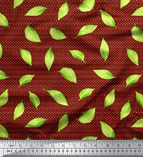 Soimoi Red Silk Fabric Hosta Leaves Printed Craft Fabric by the metre 44 Inch Wide