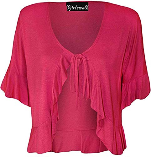 GirlzWalk Womens Short Sleeve Ladies Stretch Frill Front Neck Tie Cropped Plain Cardigan Bolero Shrug Top Plus Size (Cerise, UK - 18)