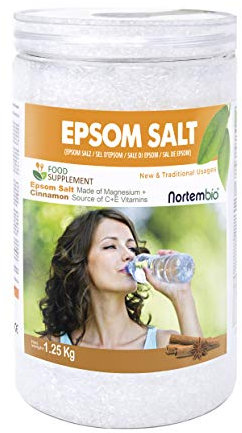 Nortembio Sal de Epsom Alimentaria 1,25 Kg. Magnesio para Tomar. Fuente de Vitaminas C y E + Extracto de Canela Ecológica. Sal de Higuera. Limpieza de Hígado. Cacito Dosificador Incluido.