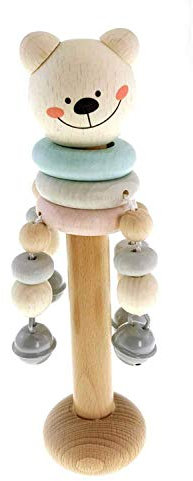 Hess Holzspielzeug 14669 - Schellenstab aus Holz mit Glöckchen, Perlen und Ringen, Nature Serie Bär, handgefertigt, für Greifübungen und fröhlichen Rassel-Spaß