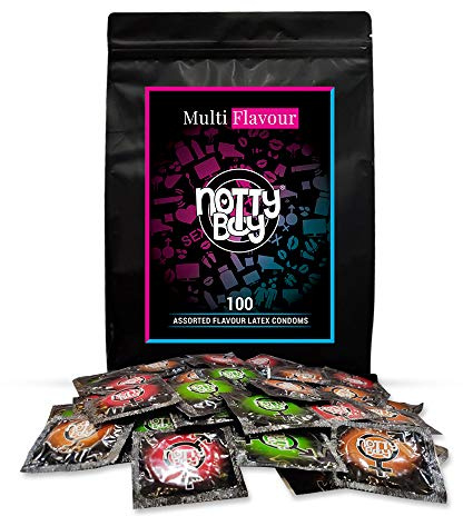 Lot de 100 préservatifs lubrifiés assortis NottyBoy - Fraise, Chocolat, Pomme Verte.