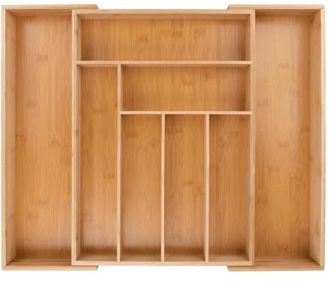 GMMH Besteckkasten aus Bambus LBH ca. 45 x 30 x 5 cm Besteckeinsatz ausziehbar mit 6 bis 8 Fächern als Schubladeneinsatz und Küchenorganizer pflegeleichte Besteckeinlage für alle Schubladen