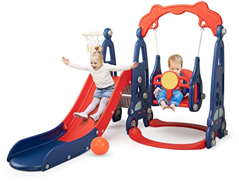 4 in 1 Slide Climber Swing Set, Freestanding Toddler Slide Climber Playset with Basketball Hoop, Toddler Playground Indoor Outdoor, Easy Setup (Red)