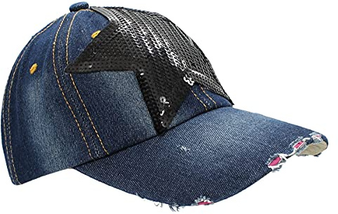 dy_mode Damen Kappe Mütze Jeans Baseball Cap mit Glitzer Love Sterne Pailletten - C021 (K208-BlackStar)