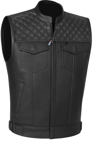 Jackets 4 Bikes SOA Men's Motorcycle Vest, Geniune Buffalo Leather, Back Armor, Inside Pockets, Motorbike Riding Club Vests Black 3XL