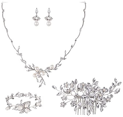 EVER FAITH Zirkon Simulierte Perle Blume Blatt Filigrane Halskette Ohrringe Armband Set Klar