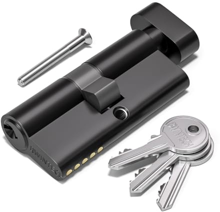 Bwintech 1 Stück 30T/30mm Euro Messingzylinder, 60mm Knauf/Schlüsselzylinderschloss mit 3 Standard Messingschlüsseln,Anti Picking,Anti Bohr,Anti Snap,Anti Bumping, schwarze Oberfläche