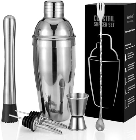 Cocktail Shaker Set, 6-Piece 18/8 Food-Grade Stainless Steel Mixology Bartender Kit - Premium Bar Tools with Muddler, Jigger, Spoon & Pourers - Rust-Proof, Leak-Proof & Dishwasher Safe Gift for Men