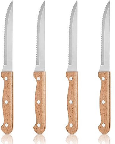 Herogo Steak Knives Set of 4, Stainless Steel Serrated Sharp Dinner Kitchen Steak Knife with Wooden Handle, for Home/Restaurant, Dishwasher Safe