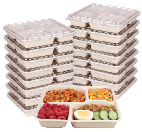JAYEEY 37 OZ Sugarcane Fiber 4 Compartments disposable plates with Lids Bagasse Plant Fibers Freezer Safe 25 PACK