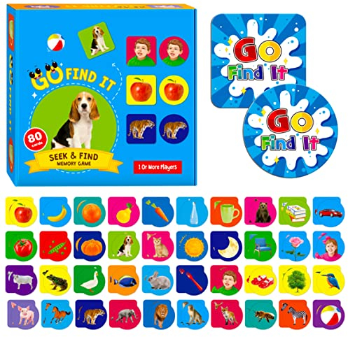 SpriteGru Go Find It Spiel, 80 Stück Seek & Find Karten 40 Paar quadratische runde Karten Buntes Lernspielzeug Lustige Familienspiele für Kleinkinder