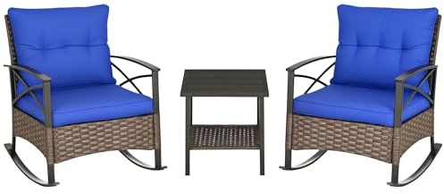 Outsunny 3 Piece Patio Rocking Chair Set, Outdoor Wicker Bistro Set with 2 Cushioned Porch Rockers and 2 Tier Coffee Table for Garden, Porch, Backyard, Blue