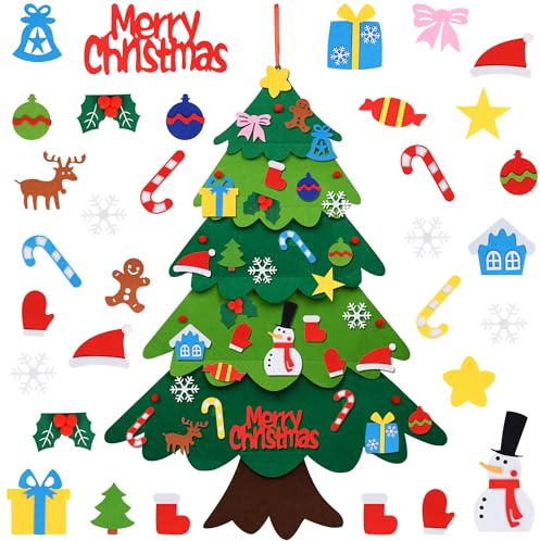KEYIDO Albero di Natale in feltro per bambini e bambini, 0,9 m, in velcro, con 32 bastoncini staccabili su decorazioni natalizie fai da te e 6 ornamenti di cui sono sostituibili