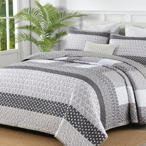 WONGS BEDDING Grey Quilt King Size, Bohemian Stripe Quilt Sets 3 Pieces Boho Quilted Bedspread Set Lightweight Microfiber Coverlet Bedding Set All Season (104x90)