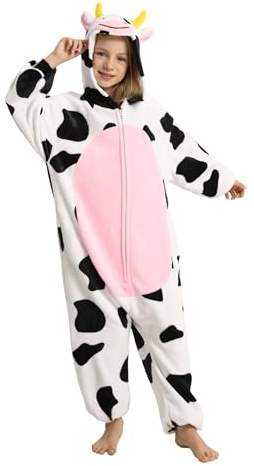 LONULAIN Unisex Kids Animal Oneise Pajamas, Boys Girls Flannel Hooded Halloween Cosplay Costume/Homewear/Sleepwear (Cow,13-14 Years)