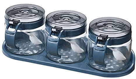 Glasbehälter, kreatives Gewürzbehälter-Set mit Löffel und Deckel, Gewürz-Organizer, dekorative Boxen für Salz, Pfeffer, Zucker, Kräuter, blau-flach, Farbe: Blau