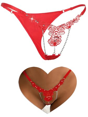 comeondear Stringtrosa för dam, sexiga erotiska underkläder, G-string, chic, stor storlek, trosor, tanga, smycken, låg midja, underkläder, stringtrosa, T-back, 1-röd, L