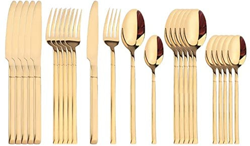 GaRcan Couverts 24 pièces en Or Blanc, Service de Table en Acier Inoxydable 18/10, Service de Table de Cuisine, Fourchette, cuillère, argenterie de dîner en Acier Inoxydable (doré)