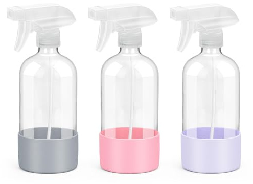 Rionisor Botellas de vidrio con protección de funda de silicona, recipientes vacíos recargables de 16 onzas, botellas de spray reutilizables para cabello, soluciones de limpieza, paquete de 3