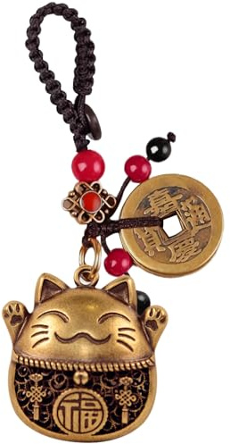 Yisinar Breloque chat porte-bonheur Maneki Neko en laiton avec pièces de monnaie Feng Shui, statue de Bouddha, porte-bonheur