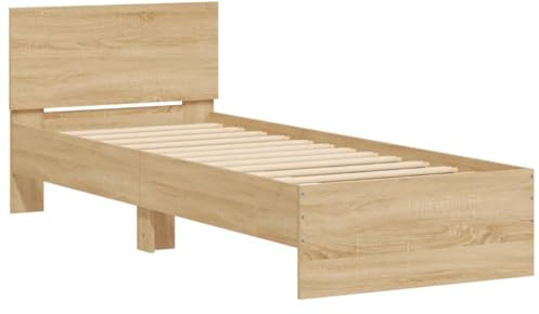 vidaXL Sängram med huvudgavel och LEDs sonoma-ek 75x190 cm, träsäng, säng i trä, sängram i trä, träsängar, sängar i trä, dubbelsäng, dubbelsängar