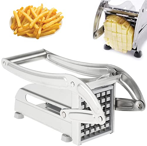 Sutowe Cortador de Fritas Manual, Cortador de Fritas Profesional con 2 Cuchillas de Repuesto de Acero Inoxidable y Base de Succión Segura para Papas, Zanahorias, Pepinos, Piñas (Color Plata B.)