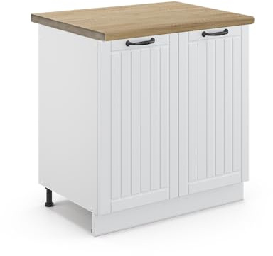 Vicco Spülenunterschrank Fame-Line, Weiß Landhaus, 80 cm | MDF-Front · AP Eiche inkl. · Höhenverstellbare Füße · Metallgriffe · Soft-Close