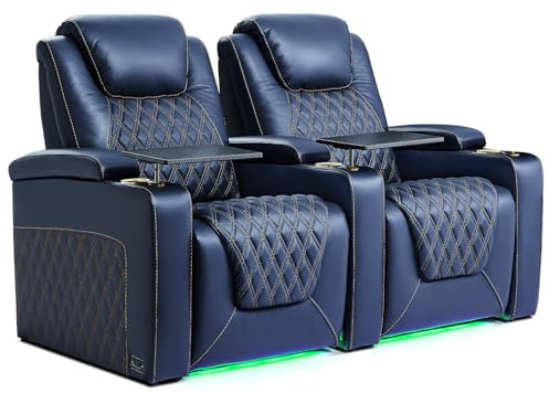 Weilianda Chic Top Grain Leather Home Theater Seating Power Headrest Recling Movie Gaming Recliner Sofa with 7 Colors Ambient Lighting, Golden Cup Holder Carbon Fiber Tray Table Row of 2 Blue